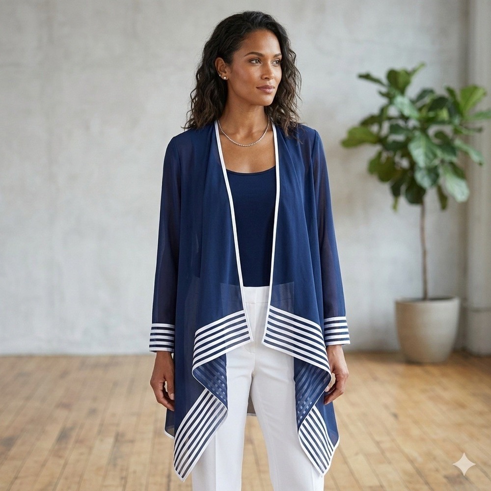 ASHRO Navy Blue Chiffon Waterfall Open Front Cardigan‎ Jacket Stripes Size 12
